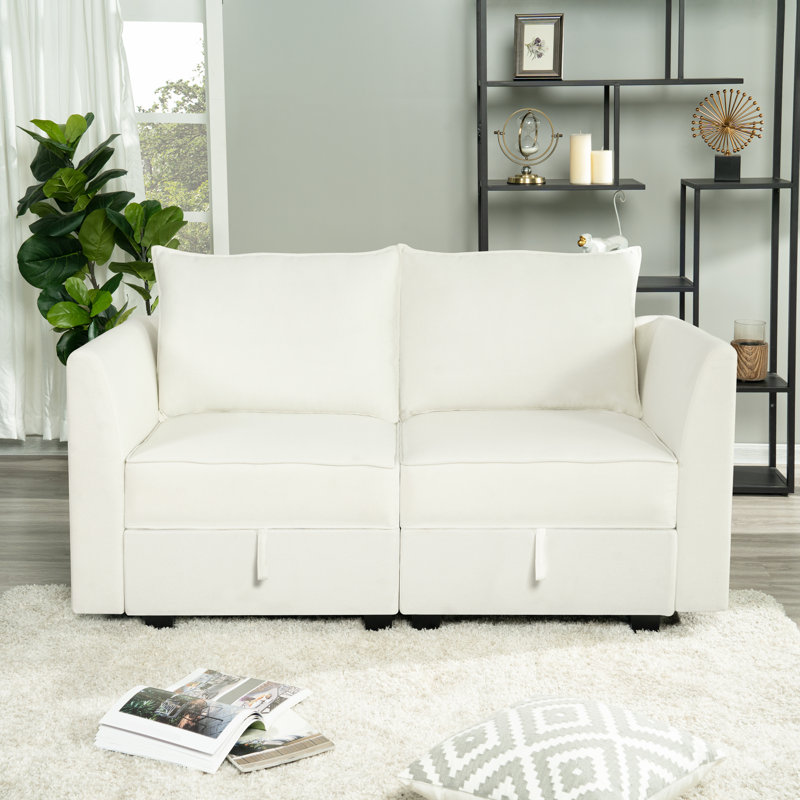 Emeth Linen Modular Loveseat Sectional Sofa with Sturdy Wooden Frame Sofa Couch for Small Spaces Ebern Designs Upholstery Color White